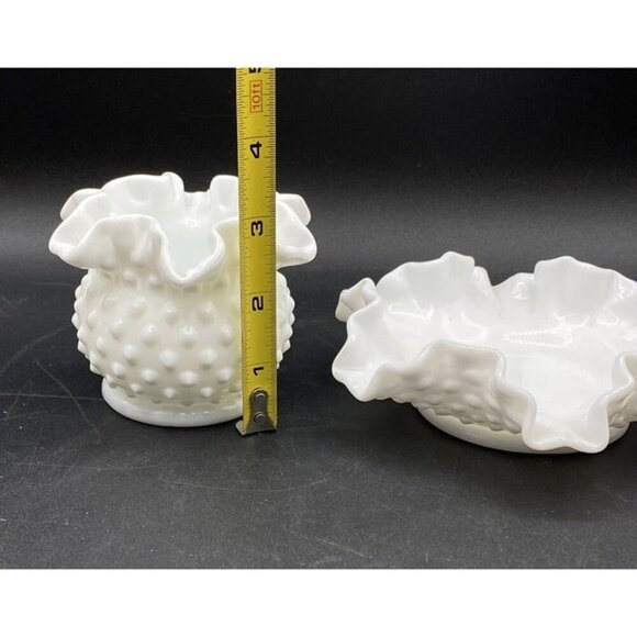 Fenton Milk Glass Hobnail Candy Bon Bon Dish Ruffled Bowl Vase Set Of 2 - Picture 10 of 12